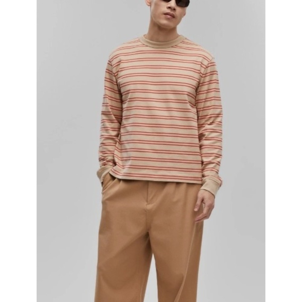 Mode of One Mens Relaxed Stripe LS Tee Cinnamon Brulee Tan Red 100194425MN M